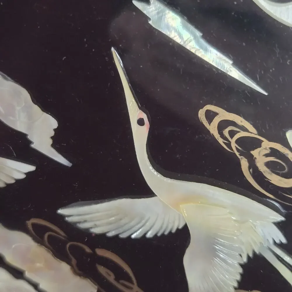 Vintage Asian Mother of Pearl Bird Lacquer Wall Clock 12” Japanese Crane Black